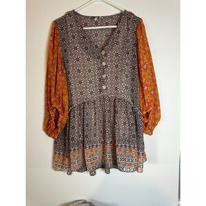 Cato Boho Tunic Top 14/16W Peasant Blouse Long Sleeve Fall Floral Paisley